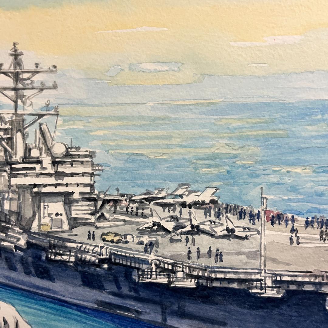 アメリカ軍の飛行船の水彩画 30x40cm