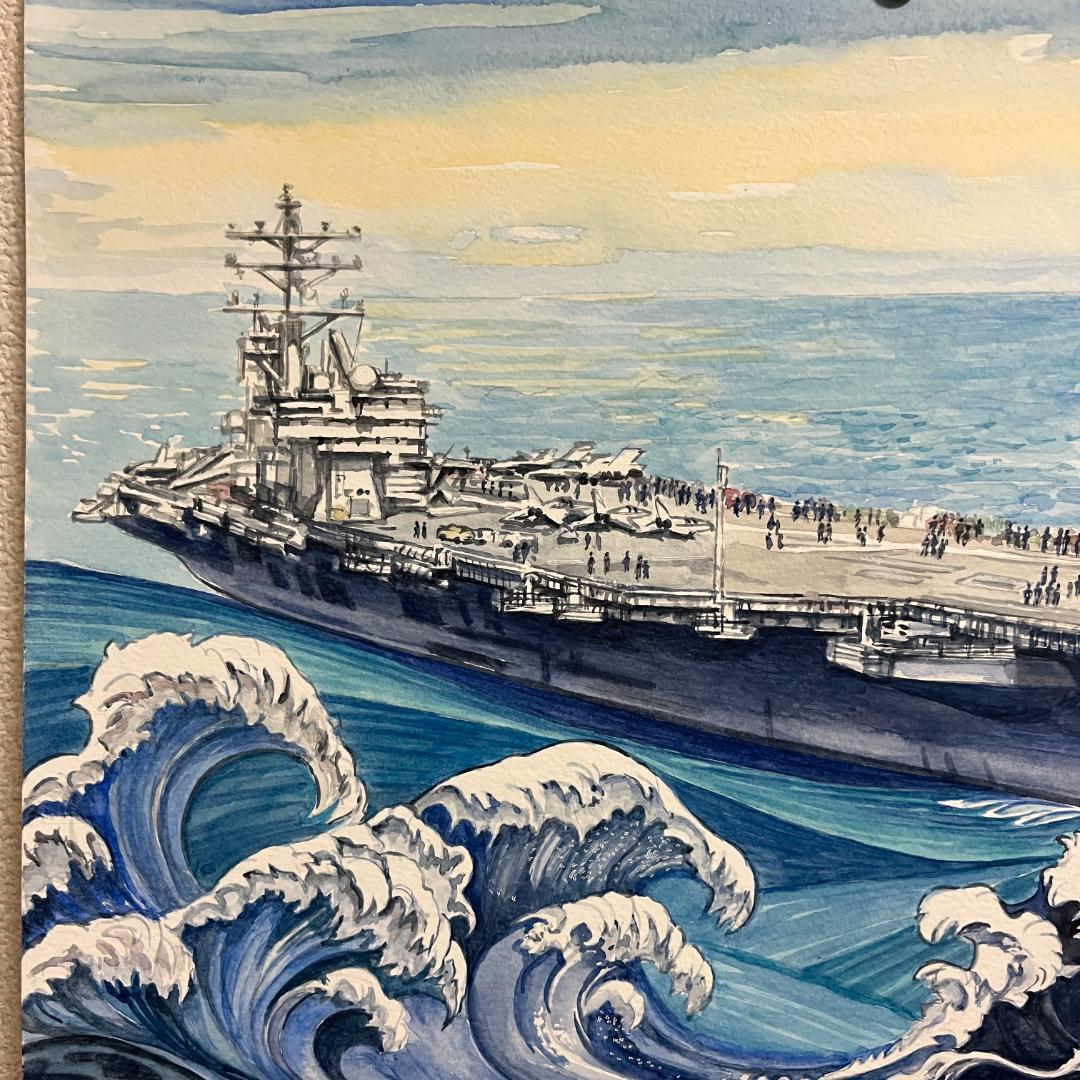 アメリカ軍の飛行船の水彩画 30x40cm