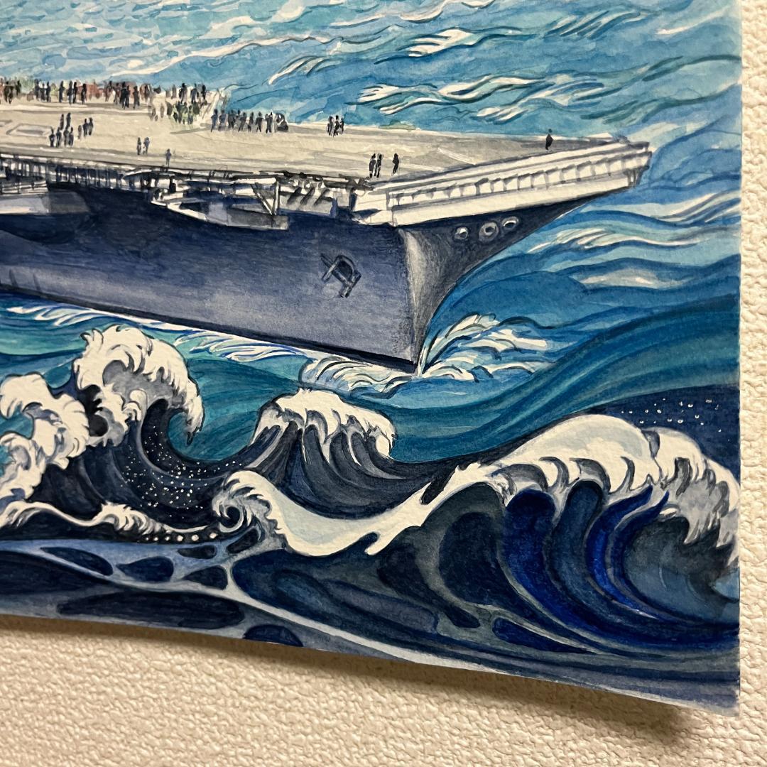 アメリカ軍の飛行船の水彩画 30x40cm