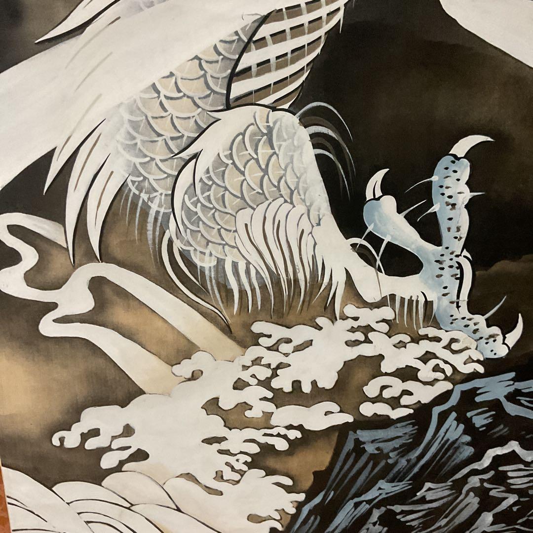 作者不詳 無落款 守護龍之図 絹本彩色画 軸先木