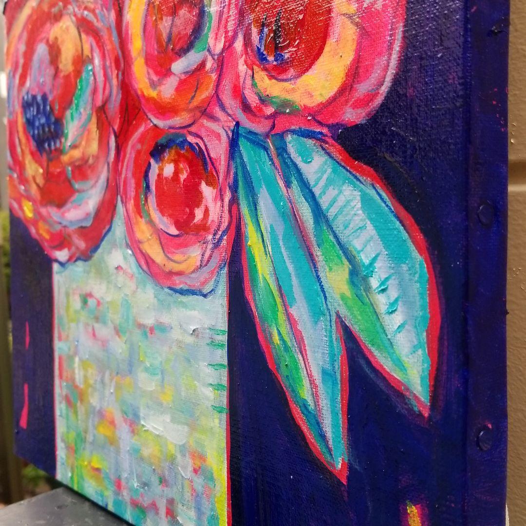 キャンバス油絵　くまちゃん　まるまるとした大きいお花