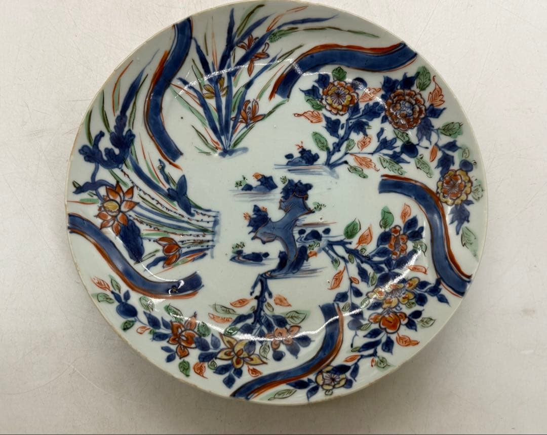 中国　明時代　南京赤絵草花捻文皿　青華五彩　共箱　アンティーク　送料込み1219