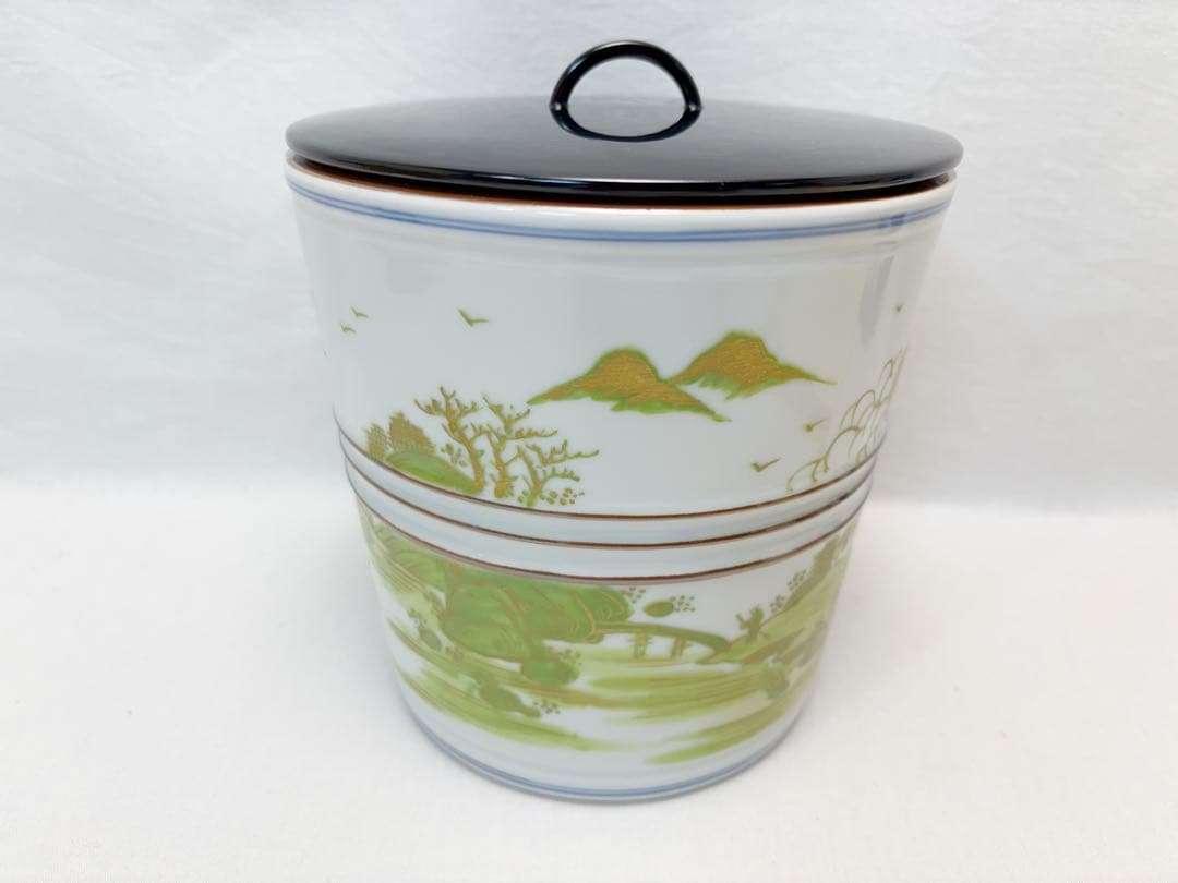 未使用 茶道具 平安 秀峰作 緑地山水絵 水指 印 水差 茶器 茶事 共布 共箱