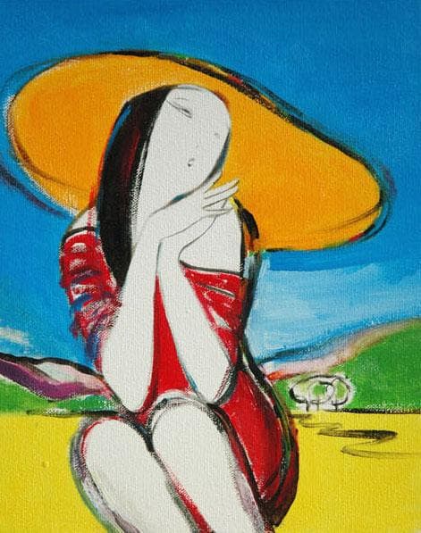 油絵 菅家令子 絵 絵画インテリア額付(青緑＋金色の枠)F3-010511 女性