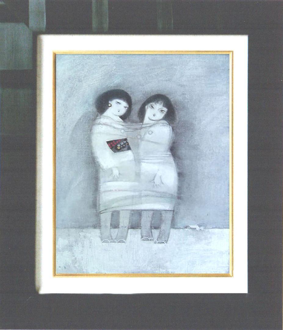 油絵 菅家令子 絵画インテリア額付(青緑＋金色の枠) F4-42023雪国子供