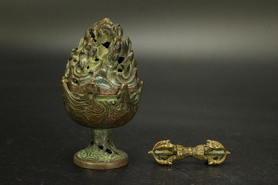 仏教美術 古銅 豆 博山炉 五鈷杵 二件 古美術(LC994)