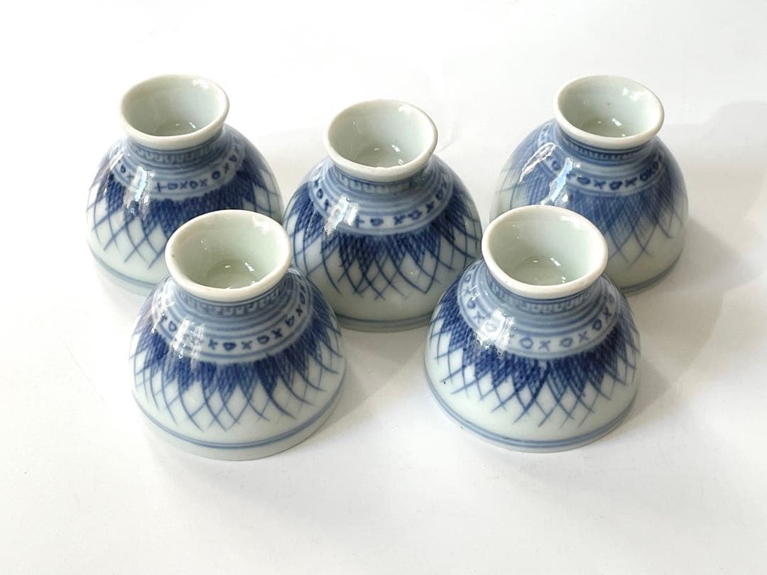 骨董　染付　草文様　盃　杯　猪口　5点　煎茶碗　煎茶道具　染付磁器