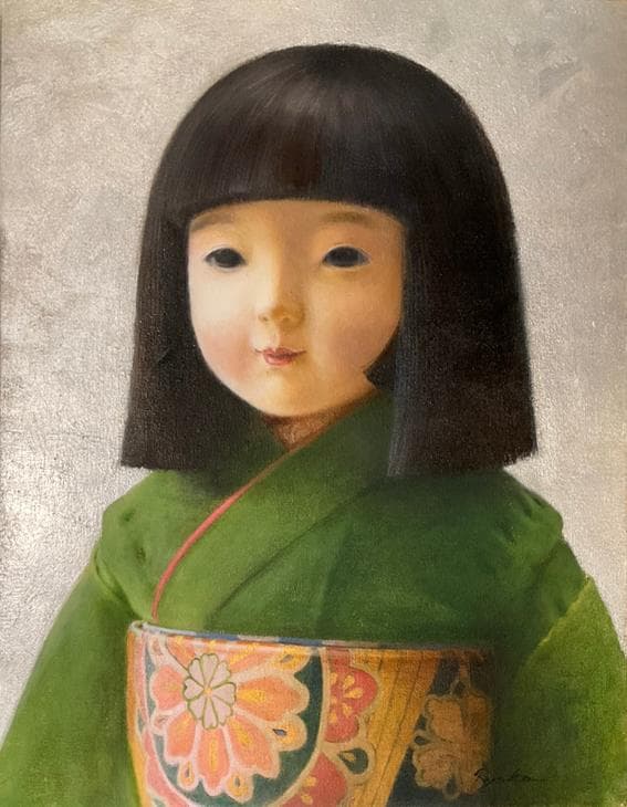 ❤️新作 油絵 菅家令子絵 絵画インテリアF6-010626 市松日本人形可愛い