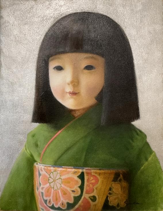 ❤️新作 油絵 菅家令子絵 絵画インテリアF6-010626 市松日本人形可愛い