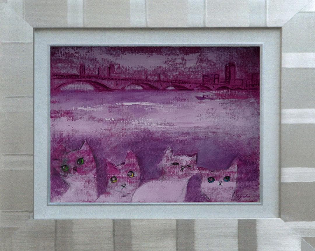 油絵菅家令子絵 絵画インテリア額付(青緑＋金色の枠)F4-050920可愛い子猫