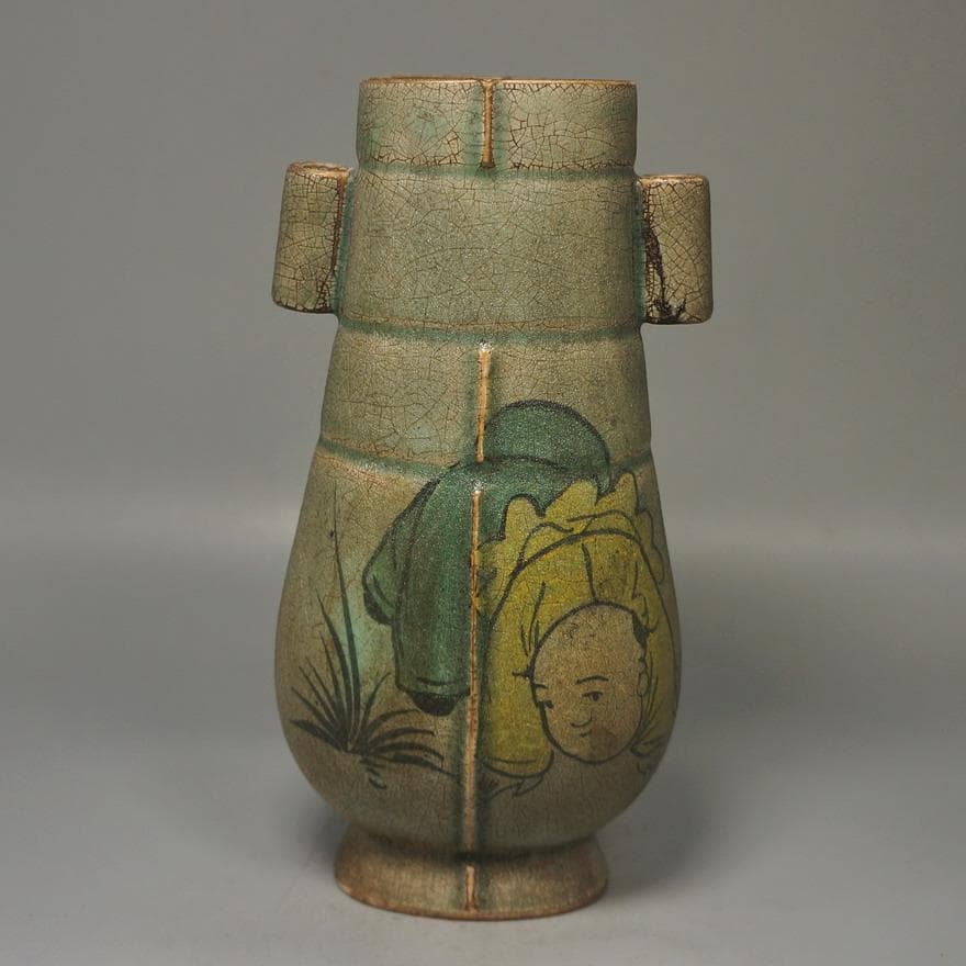 花と子供 陶器瓶　柴窯瓶　飾り壺　花瓶