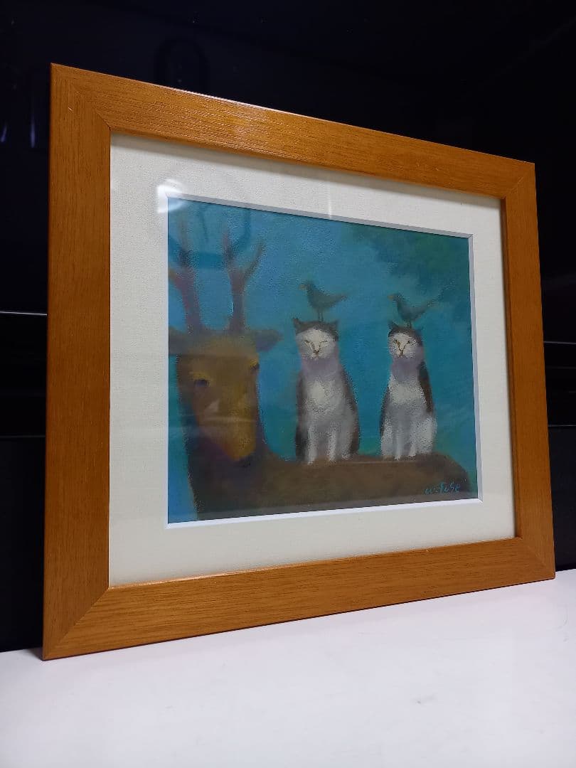 題名　山登り　布施和佳子　猫　作家　パステル画　北欧　モダン　アート