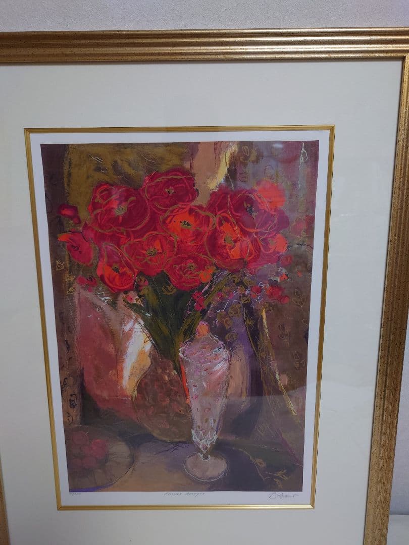 アンドリュープライス　赤いバラ　版画　花　絵画　静物画　花瓶　額入り
