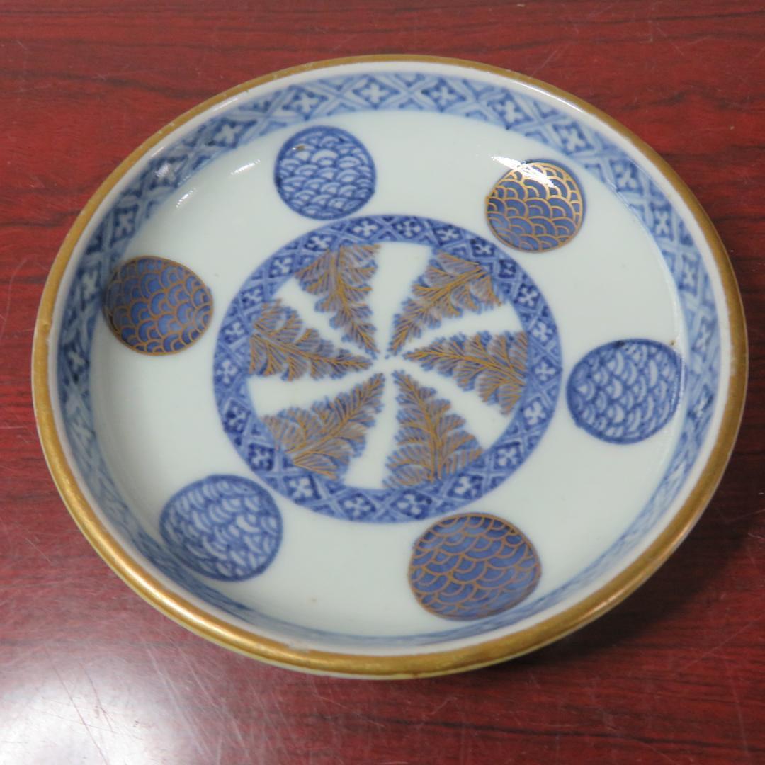 小皿 3枚 染付 色絵付 丸窓 金彩 大明壽清年製 蛇の目 縁スレ 古伊万里