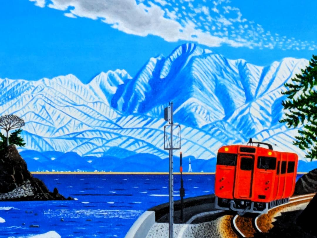 ★雨晴れ海岸を走る電車・肉筆油彩画・F6キャンバス