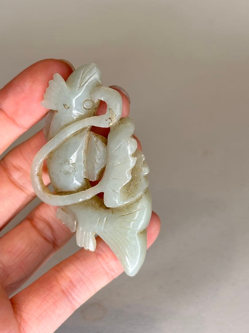 清時代 青玉 魚形彫刻 玉器 中国古美術 時代物 置物