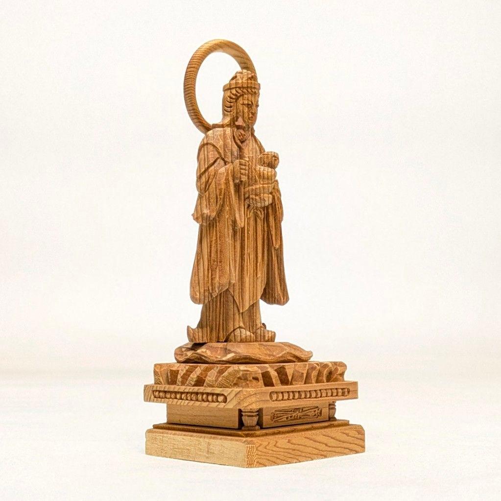 【ゲリラセール・新品】 子安鬼子母神　木地彫り　下台付　高さ約13cm　鬼子母神