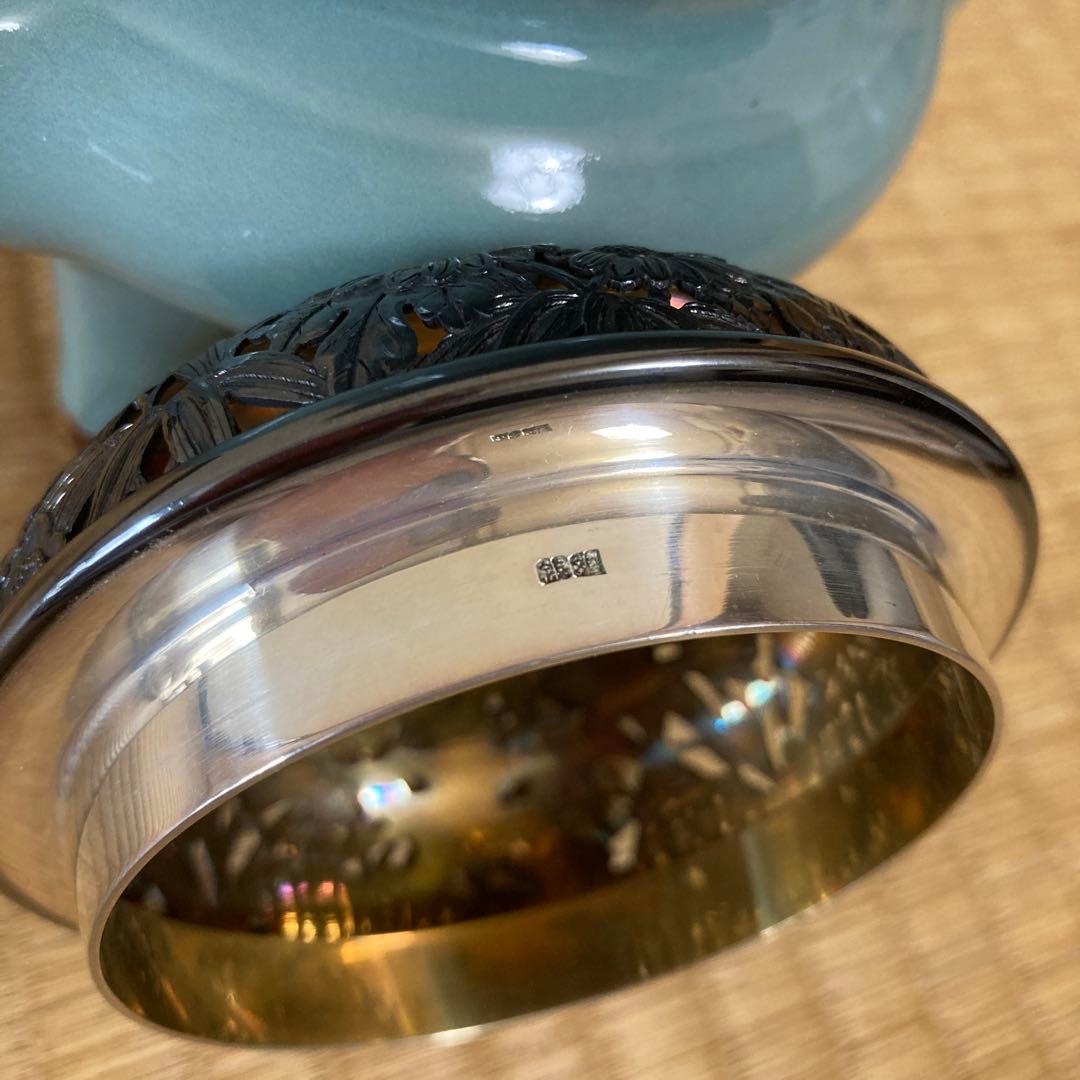 諏訪蘇山作 香炉 青磁 袴腰 三足香炉 純銀 花刻透し火屋 信幸造