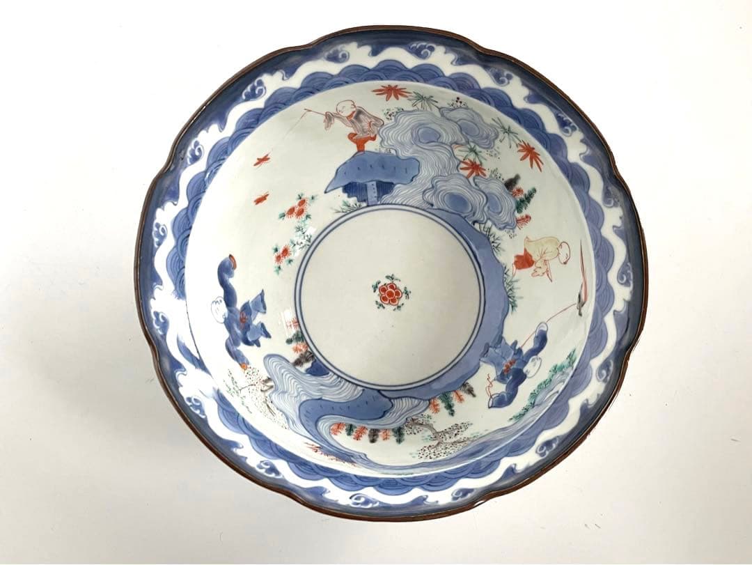 骨董　アンティーク　柿右衛門　色絵　染錦　唐子遊戯図　輪花鉢　深鉢　鉢　古伊万里