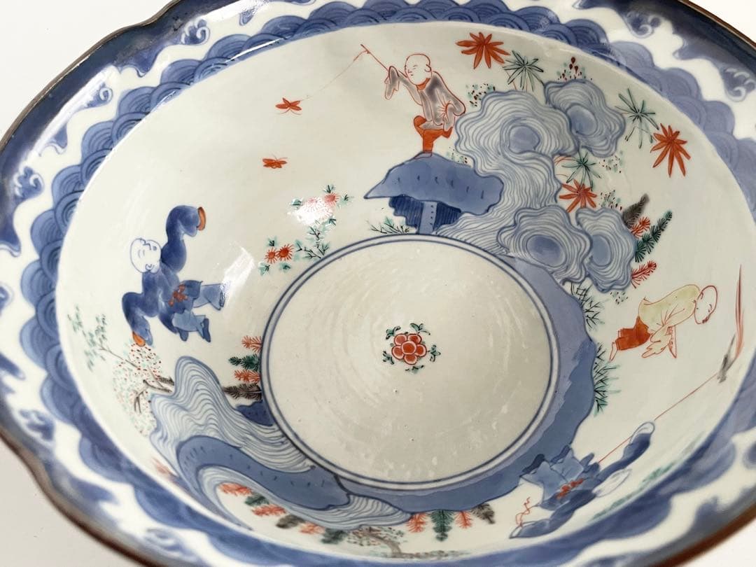 骨董　アンティーク　柿右衛門　色絵　染錦　唐子遊戯図　輪花鉢　深鉢　鉢　古伊万里