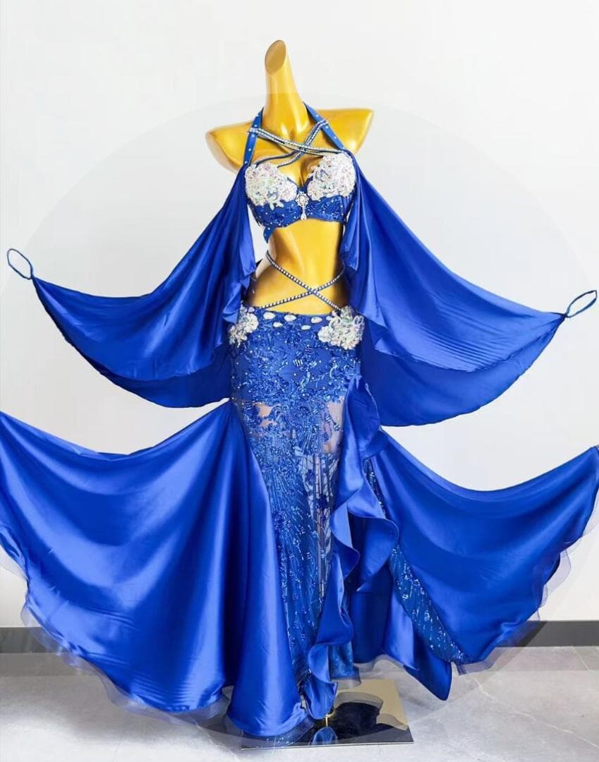 新品未使用 高級ベリーダンス衣装 宝石ブルー魚尾ロングドレス ブラスカートベルト