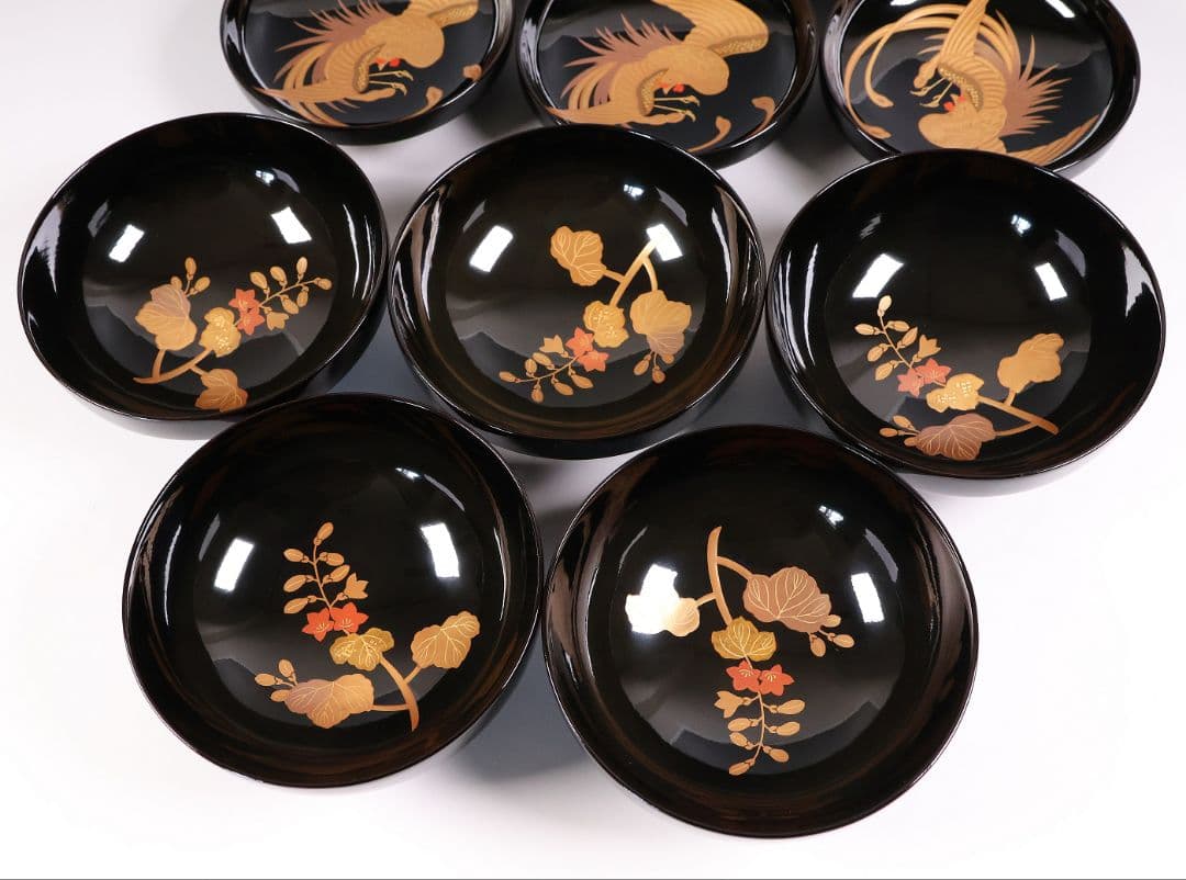 【CM402】天然木漆塗 菊桐鳳凰金蒔絵 黒塗 吸物椀 五客 昭和期 木製漆器