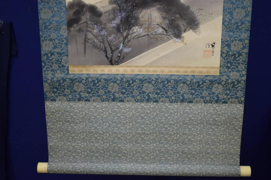 真作/小島紫光/月下桜五重の塔図/古都の春/桐共箱付/布袋屋掛軸HI-437