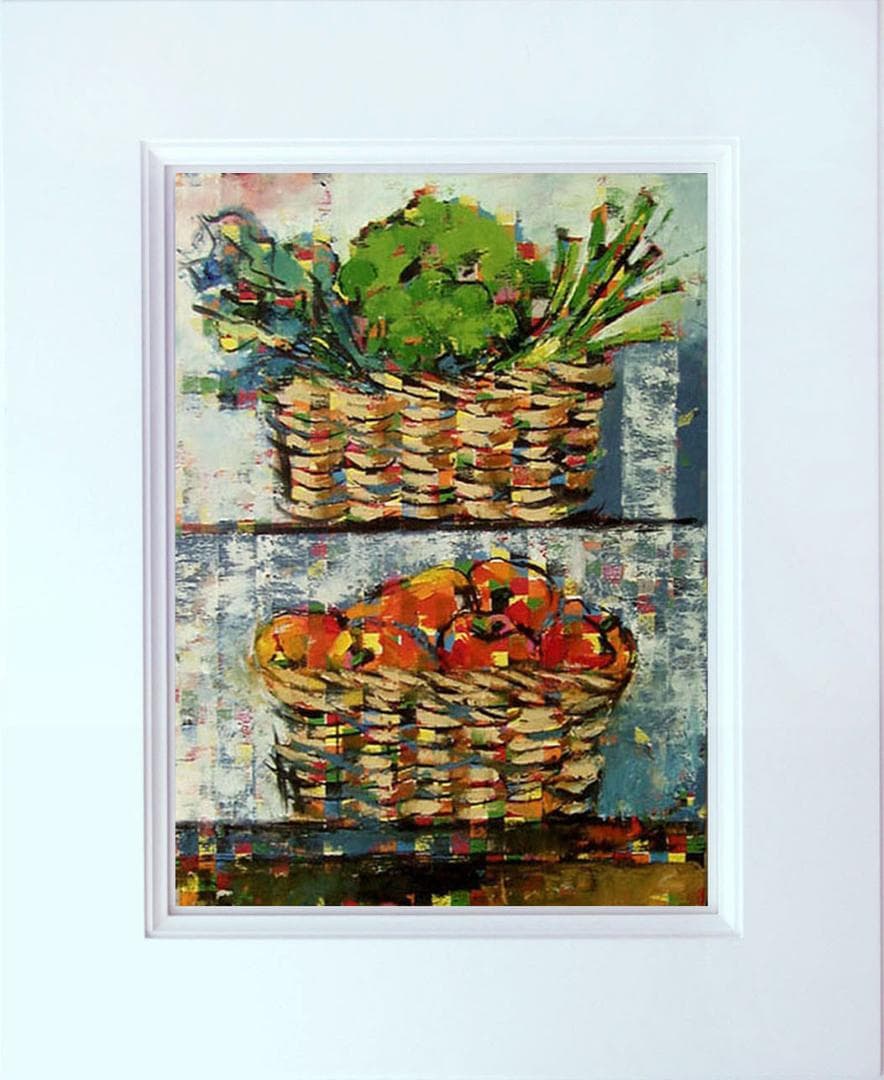 油絵菅家令子絵 絵画インテリア額付(青緑＋金色の枠)uF6-060903静物野菜