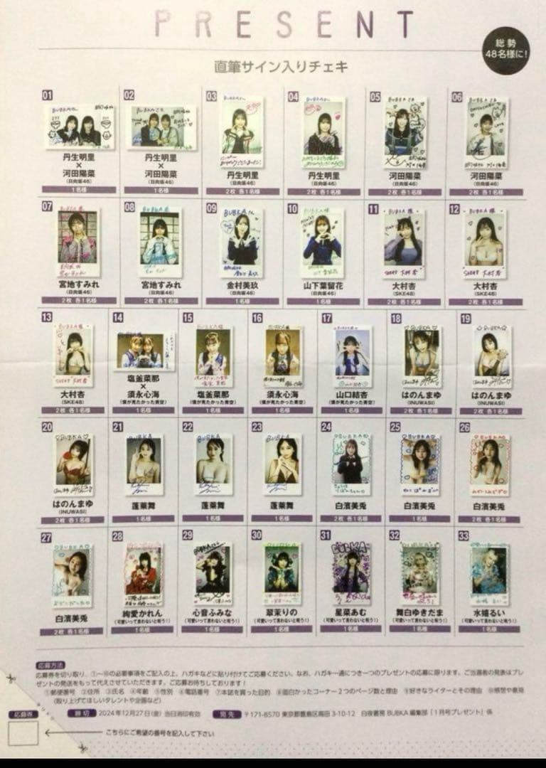 【直筆】 河田陽菜 サイン入り チェキ BUBKA R7年 1月号 【当選品】