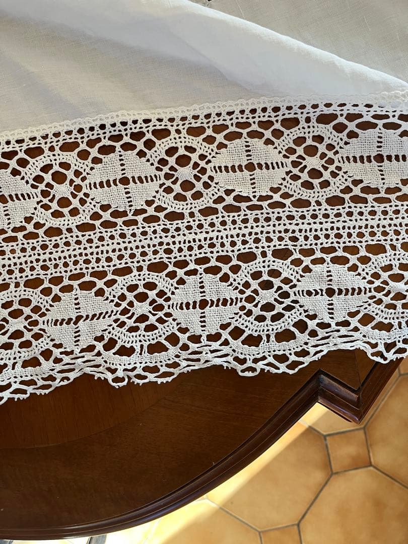 ◆フランスアンティーク｜手刺繍大判マルチクロスベットカバー白カーテンリボンレース