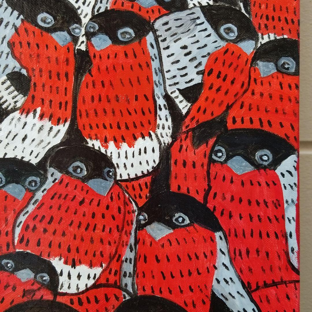 油絵　あらんぼん　仲良く集まるくちばしの小さな鳥たち　密は楽し