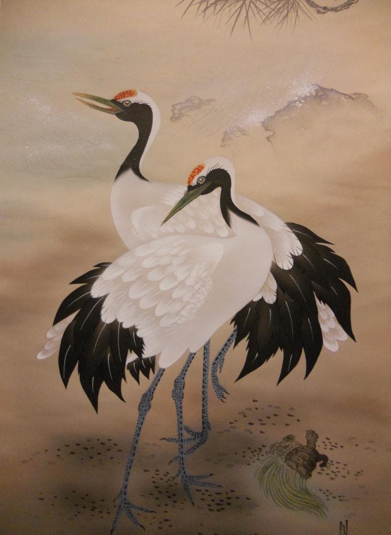 掛け軸 月峰 『 松鶴 』 絹本 希少 軸装 茶道具 掛軸 美品 です。