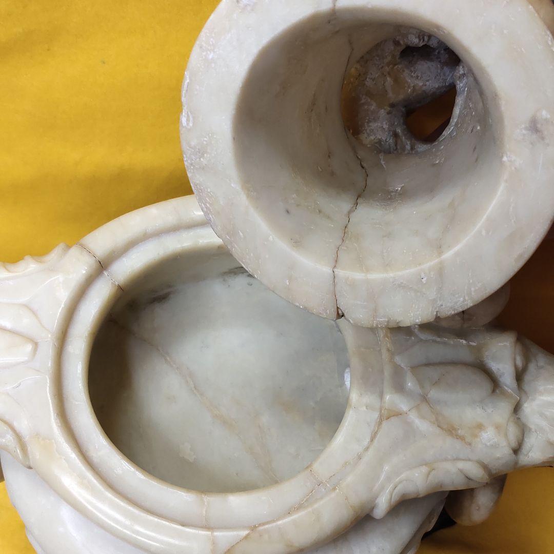 玉石彫刻 遊環香炉 木彫り台 共箱 石細工 アンティーク 旧家蔵出 風水グッズ