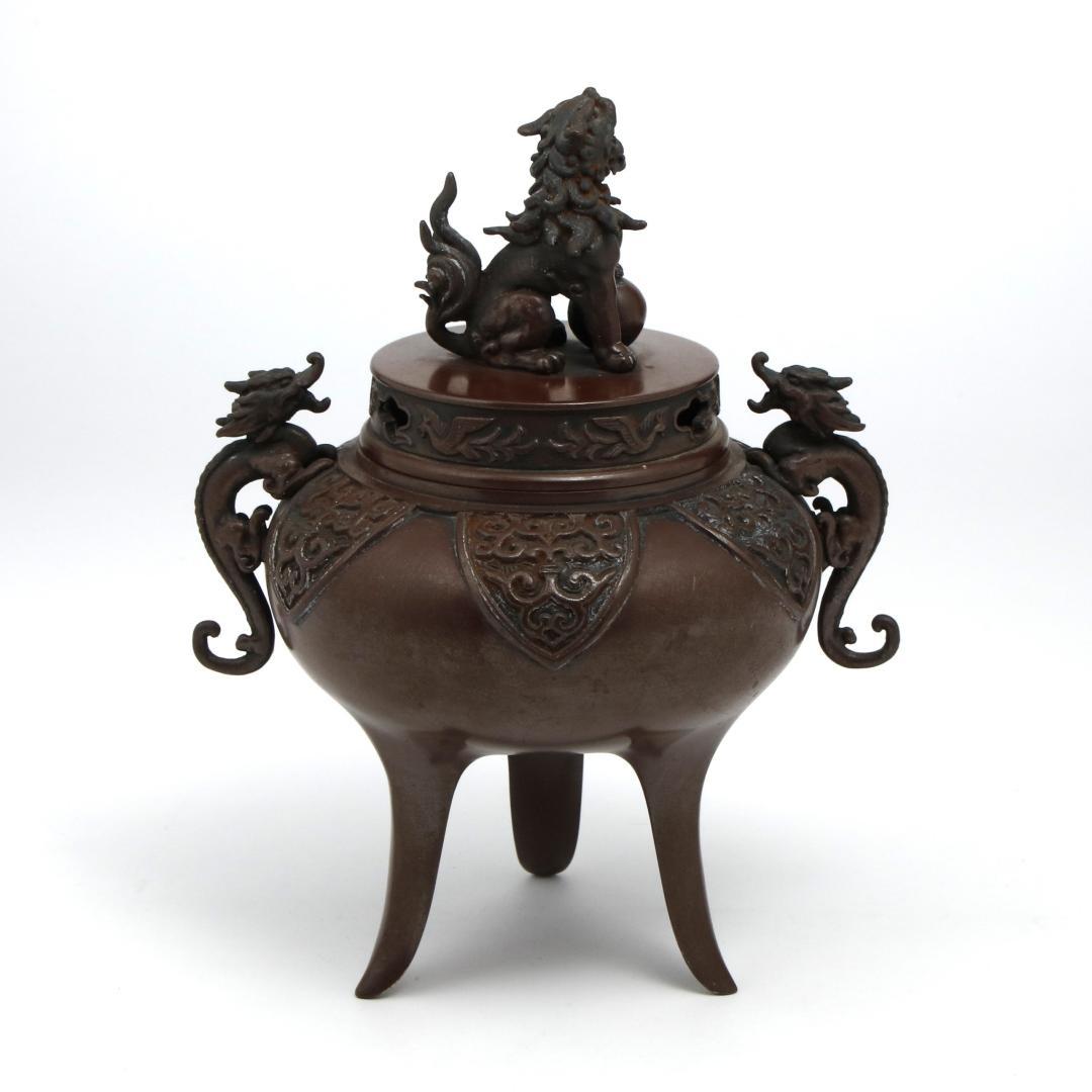 Bg1637 高岡銅器 長足菖蒲獅子蓋 香炉 伝統美術工芸品 骨董品 銅製