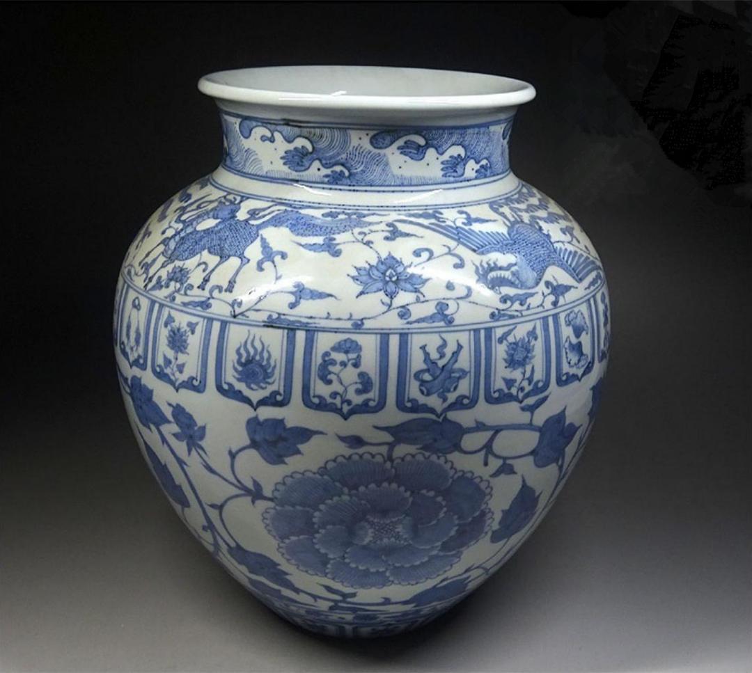時代物 九谷焼 九谷万年窯 染付花瓶 元染写 古陶磁 高約28cm t97019