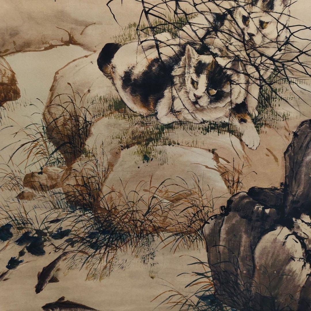 劉奎齢作・猫と魚図 中堂掛軸　宣紙　掛軸仕立て済　180×70cm