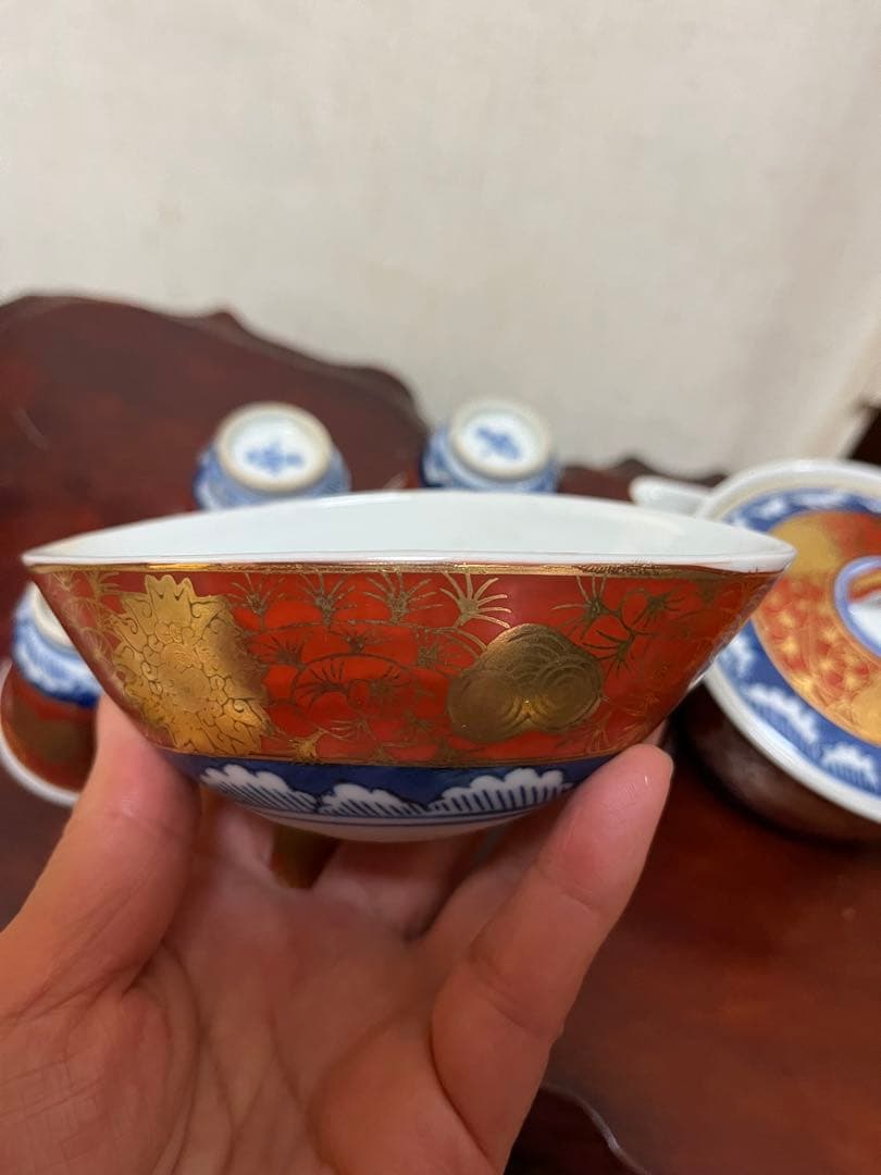 九谷焼 煎茶道具　煎茶器セット　長右衛門 金蘭手 茶器　細長湯冷し　骨董