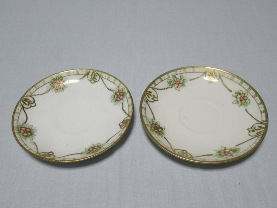 極希少美品 大正時代米国向け◆オールドノリタケ 金彩花柄 カップ&ソーサー 2客