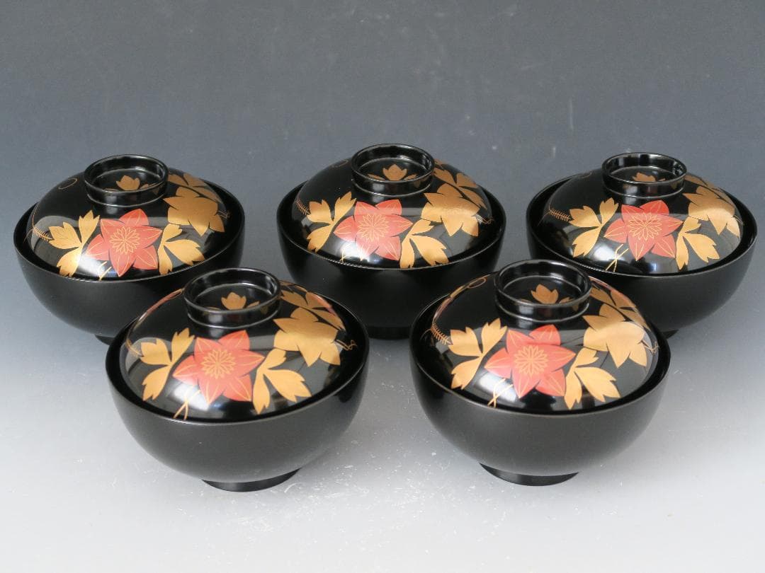【輪島塗】鉄仙蒔絵 吸物椀 黒塗 見返し蒔絵 五客揃 天然木 共箱