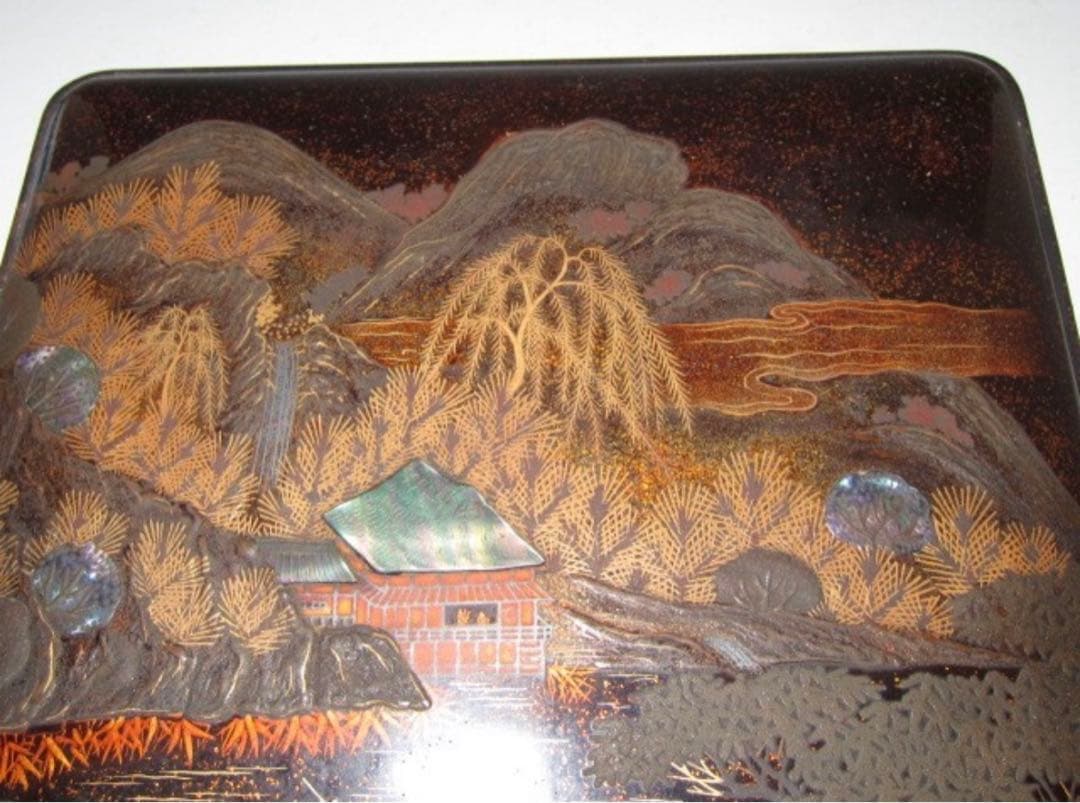 時代 硯箱 山水蒔絵 金梨地 高級感のある時代の名品！7796