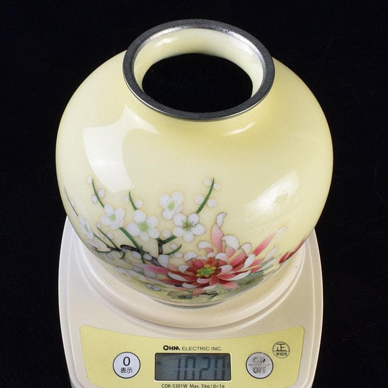 七宝焼　林武生作　黄地　四君子文　花瓶　共箱　M　R9341H