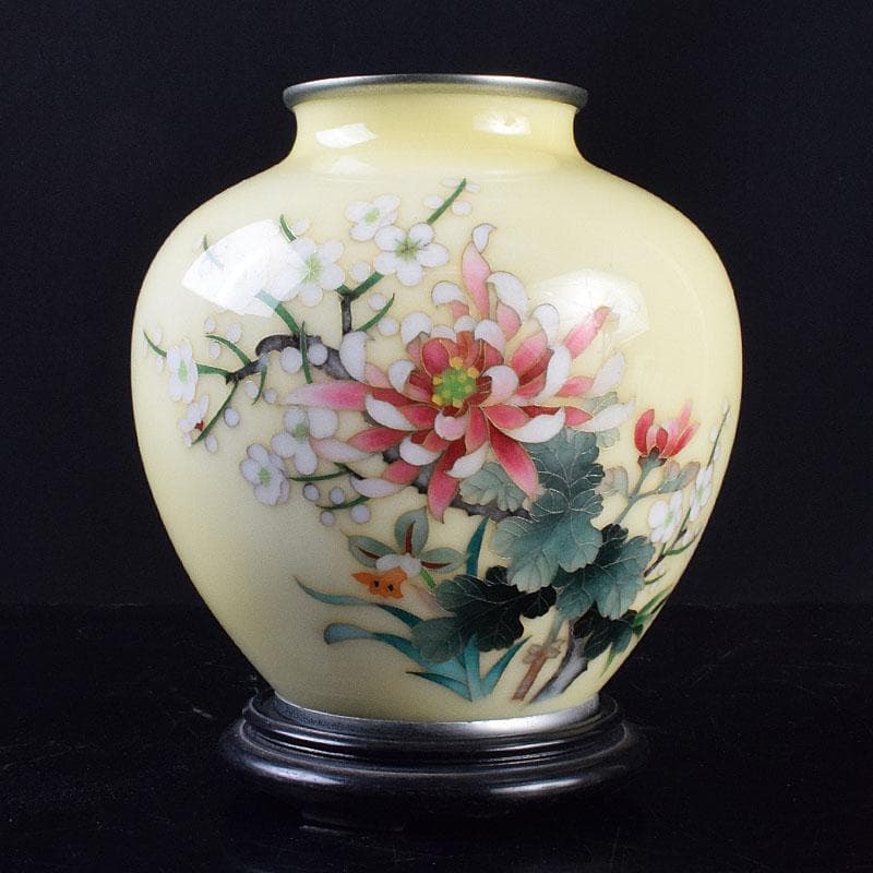 七宝焼　林武生作　黄地　四君子文　花瓶　共箱　M　R9341H