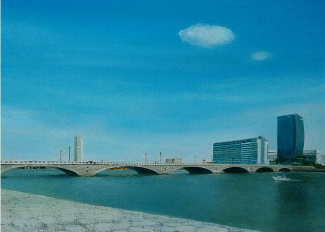 油絵 菅家令子 絵 絵画インテリア額付(黒) F6-080314 風景万代橋新潟