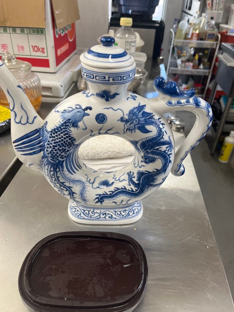 中国　青花龍鳳凰　酒器　飾り台壺台座付き