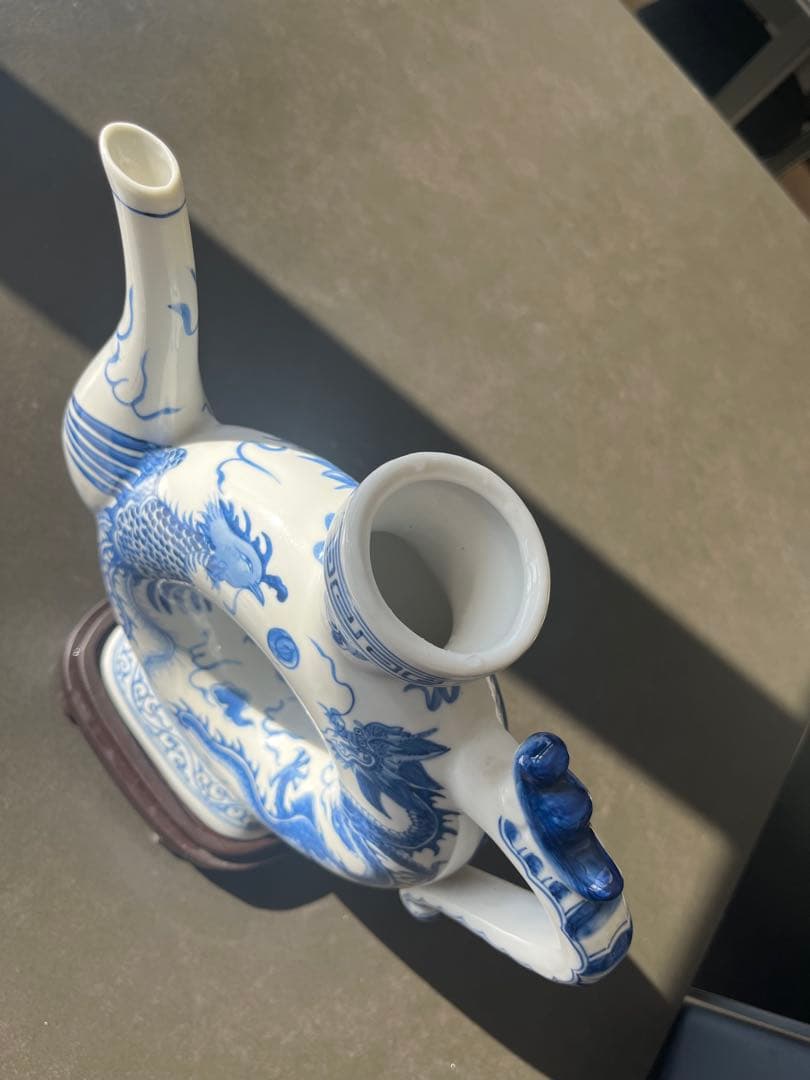 中国　青花龍鳳凰　酒器　飾り台壺台座付き