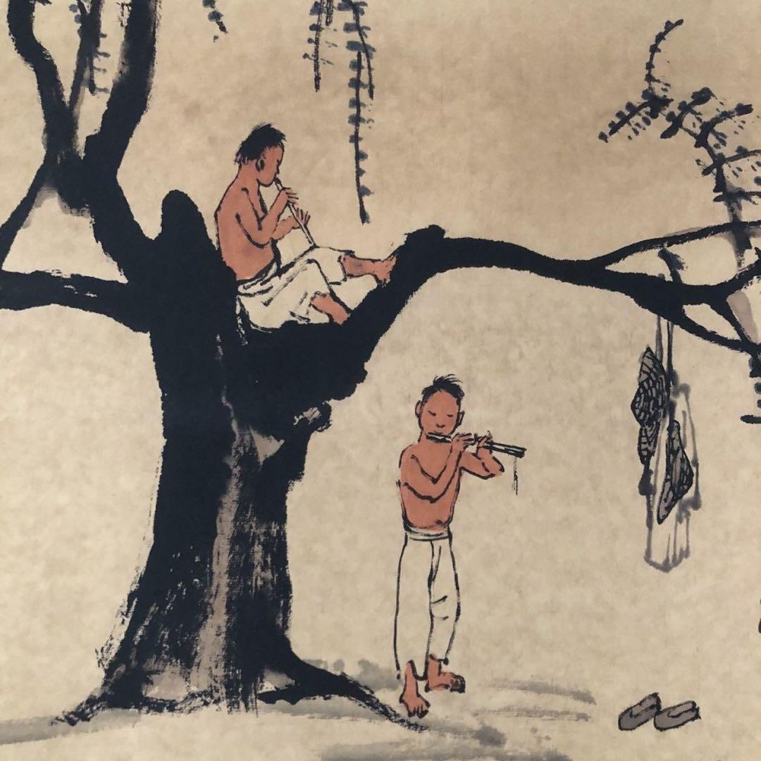掛け軸 三尺中堂 李可染 春牧図 人物画 中国書画 水墨画 牧童 牛