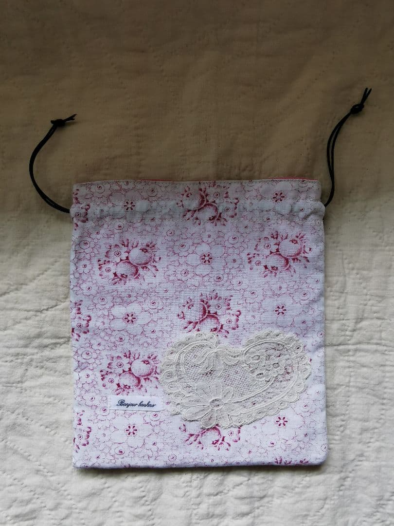 ハンドメイド✃アンティークドイツ果実薔薇柄 ホームスパンリネン格子巾着 レース付