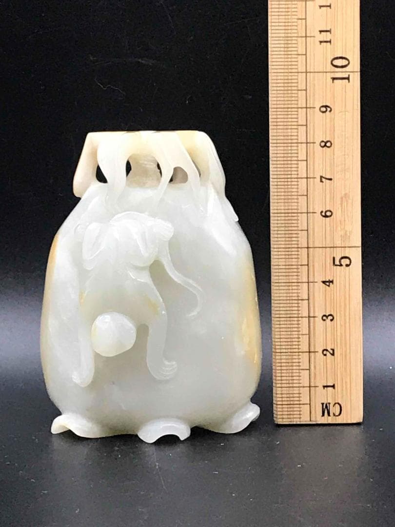 清雍正時代　和田玉 猿と神丹炉和田玉彫り　白玉　古玉石　珍品(F-12)