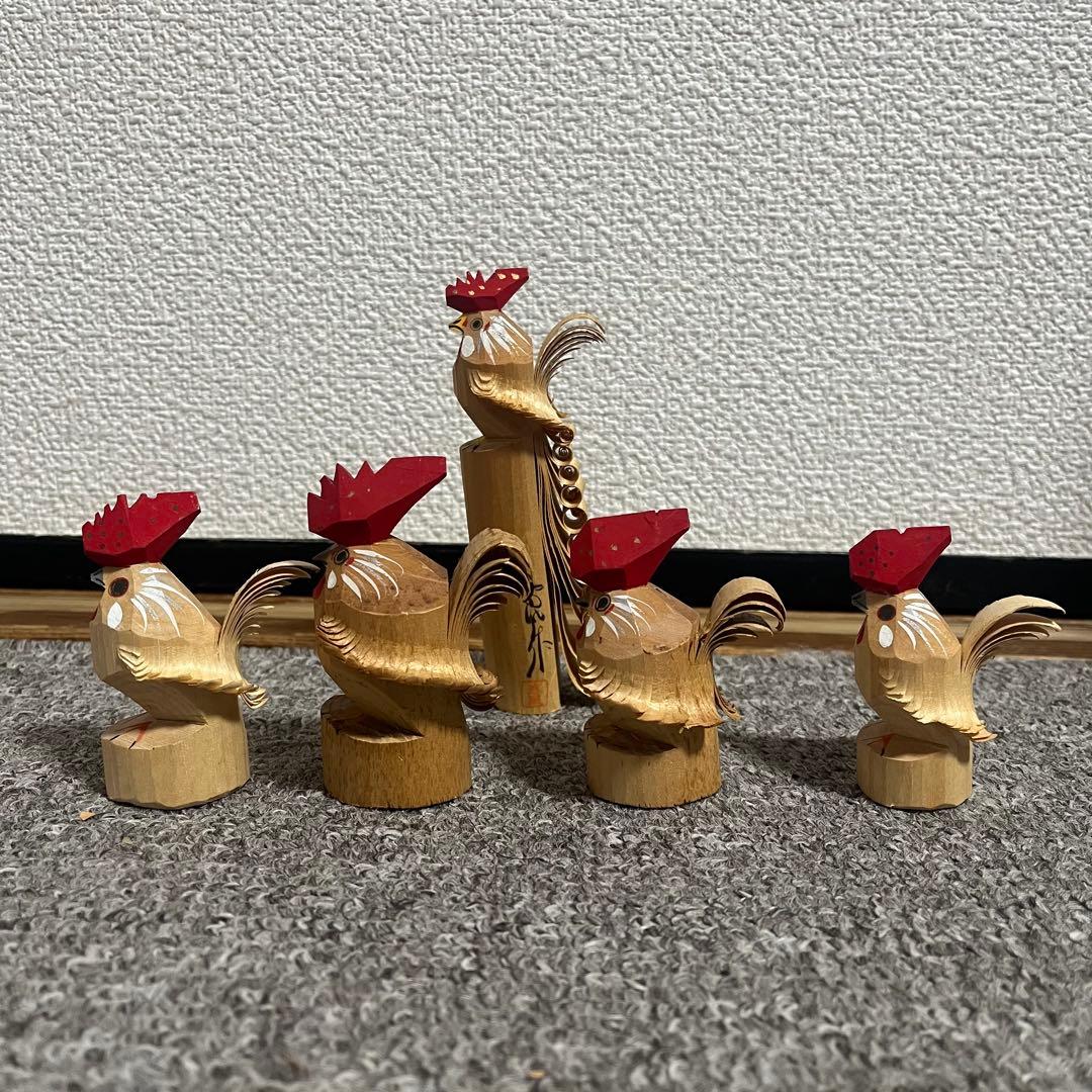 郷土玩具　笹野一刀彫　お鷹ぽっぽ　尾長鶏ポッポ 鷹の彫刻鶏の彫刻　９点セット