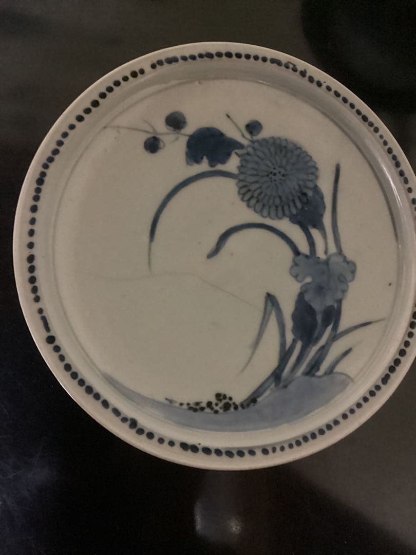 骨董古美術　初期伊万里　江戸期染付花文皿　幅約20.5cm